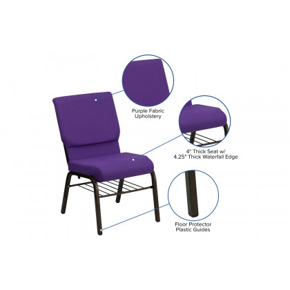 BLNK HERCULES Series Fabric Church Chair with Book Rack and Gold Vein Frame - Purple