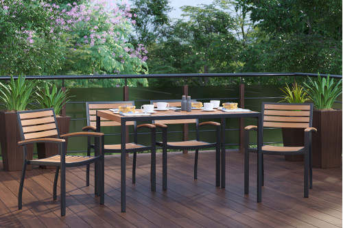 BLNK® - Lark Outdoor Dining Table Set with Synthetic Teak Poly Slats, 30" x 48" Steel Framed Table with Umbrella Hole and 4 Club Chairs