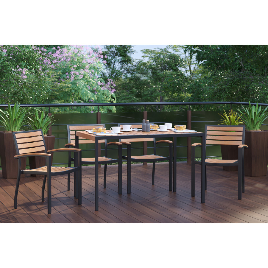 BLNK - Lark Outdoor Dining Table Set with Synthetic Teak Poly Slats, 30" x 48" Steel Framed Table with Umbrella Hole and 4 Club Chairs
