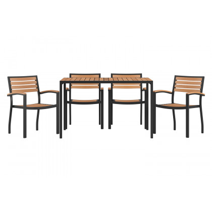 BLNK - Lark Outdoor Dining Table Set with Synthetic Teak Poly Slats, 30" x 48" Steel Framed Table with Umbrella Hole and 4 Club Chairs