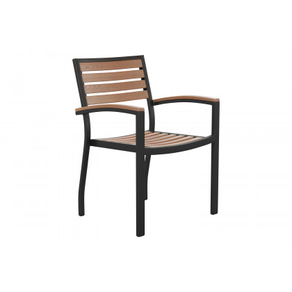 BLNK - Lark Outdoor Dining Table Set with Synthetic Teak Poly Slats, 30" x 48" Steel Framed Table with Umbrella Hole and 4 Club Chairs