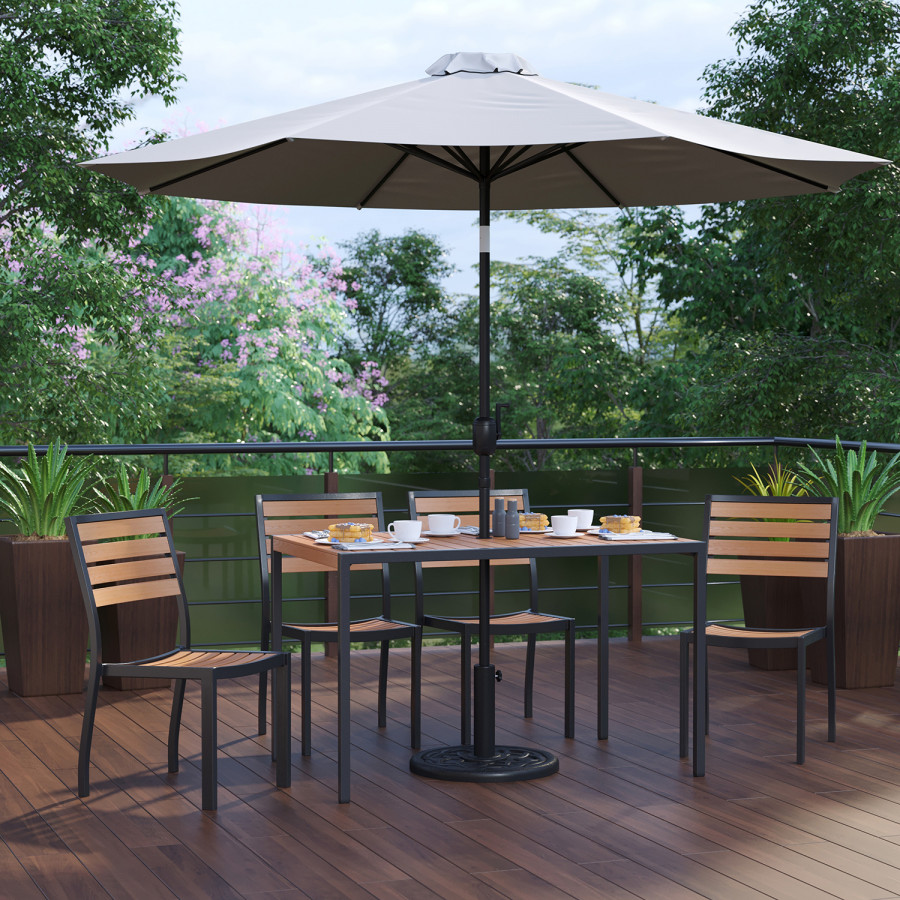 BLNK All-Weather Deck or Patio Set with 4 Stacking Faux Teak Chairs, 30" x 48" Faux Teak Table, Umbrella and Base - Gray