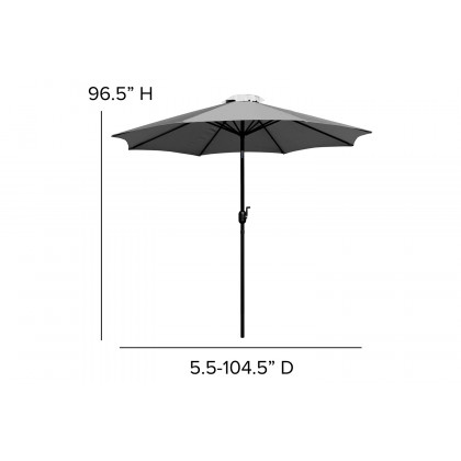 BLNK All-Weather Deck or Patio Set with 4 Stacking Faux Teak Chairs, 30" x 48" Faux Teak Table, Umbrella and Base - Gray