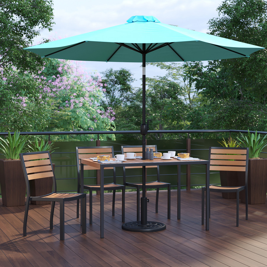 BLNK All-Weather Deck or Patio Set with 4 Stacking Faux Teak Chairs, 30" x 48" Faux Teak Table, Umbrella and Base - Teal
