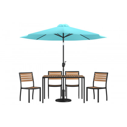 BLNK All-Weather Deck or Patio Set with 4 Stacking Faux Teak Chairs, 30" x 48" Faux Teak Table, Umbrella and Base - Teal