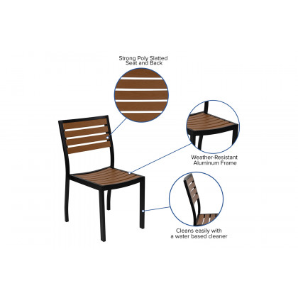 BLNK All-Weather Deck or Patio Set with 4 Stacking Faux Teak Chairs, 30" x 48" Faux Teak Table, Umbrella and Base - Teal