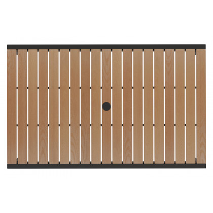 BLNK All-Weather Deck or Patio Set with 4 Stacking Faux Teak Chairs, 30" x 48" Faux Teak Table, Umbrella and Base - Teal