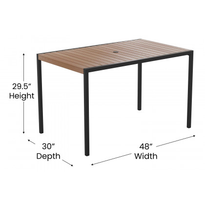 BLNK All-Weather Deck or Patio Set with 4 Stacking Faux Teak Chairs, 30" x 48" Faux Teak Table, Umbrella and Base - Teal