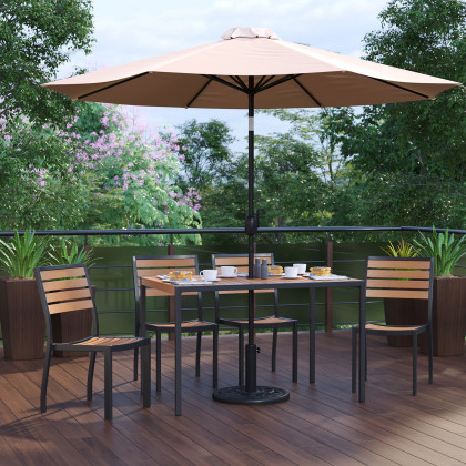 BLNK - All-Weather Deck or Patio Set with 4 Stacking Faux Teak Chairs, 30" x 48" Faux Teak Table, Umbrella and Base