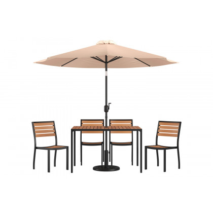 BLNK All-Weather Deck or Patio Set with 4 Stacking Faux Teak Chairs, 30" x 48" Faux Teak Table, Umbrella and Base - Tan