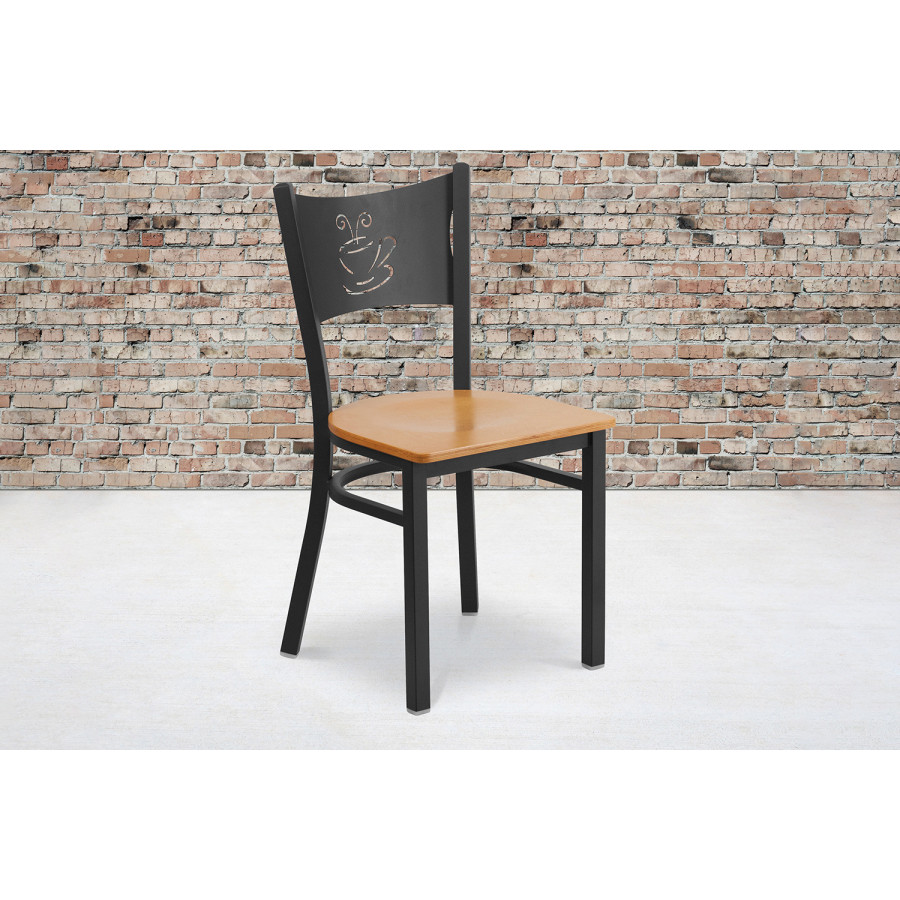 BLNK HERCULES Series Black Metal Coffee Back Restaurant Chair with Wood Seat - Natural