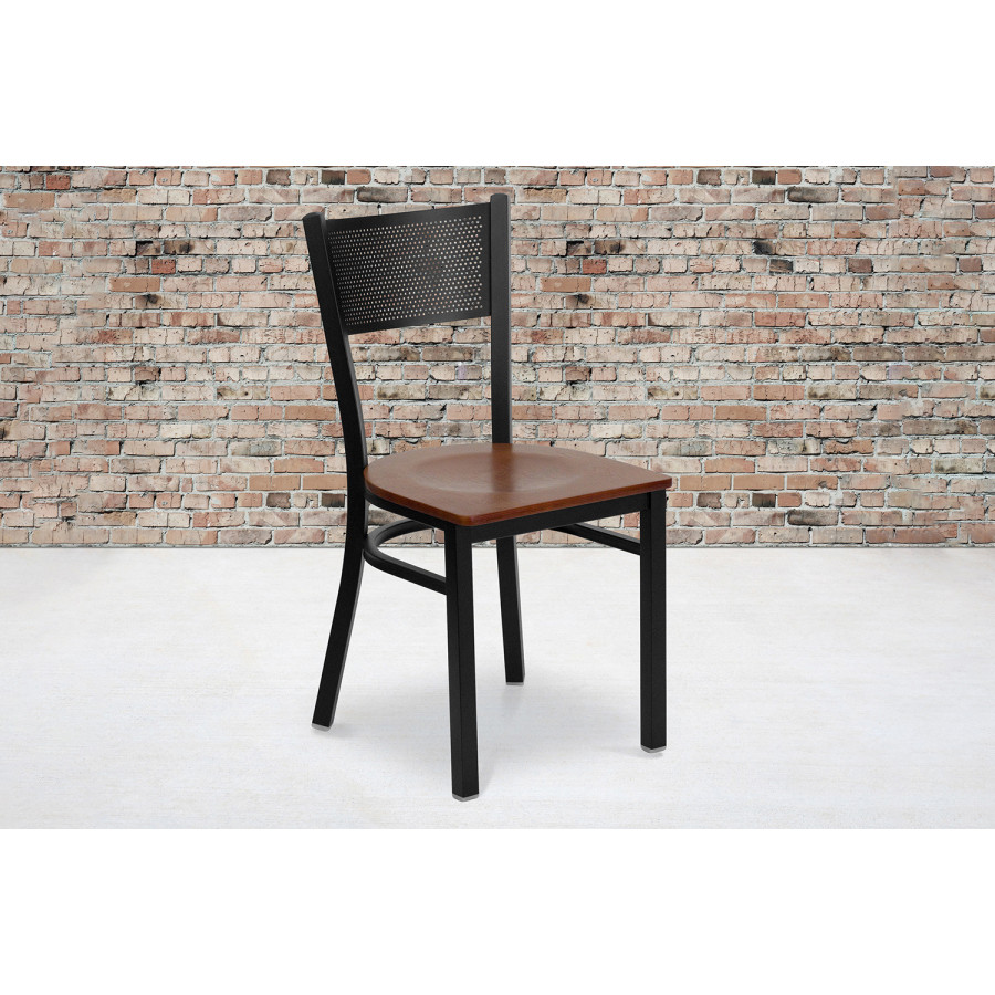 BLNK HERCULES Series Black Metal Grid Back Restaurant Chair with Wood Seat - Cherry