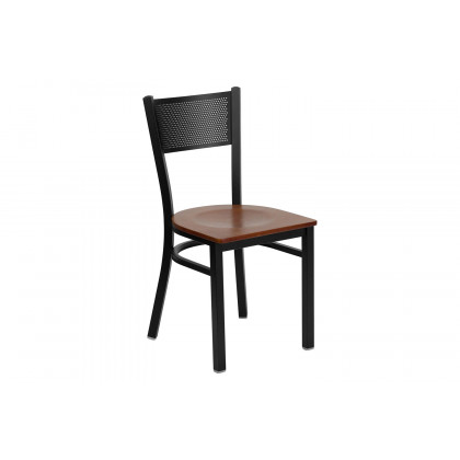 BLNK HERCULES Series Black Metal Grid Back Restaurant Chair with Wood Seat - Cherry