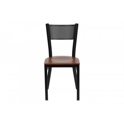 BLNK HERCULES Series Black Metal Grid Back Restaurant Chair with Wood Seat - Cherry