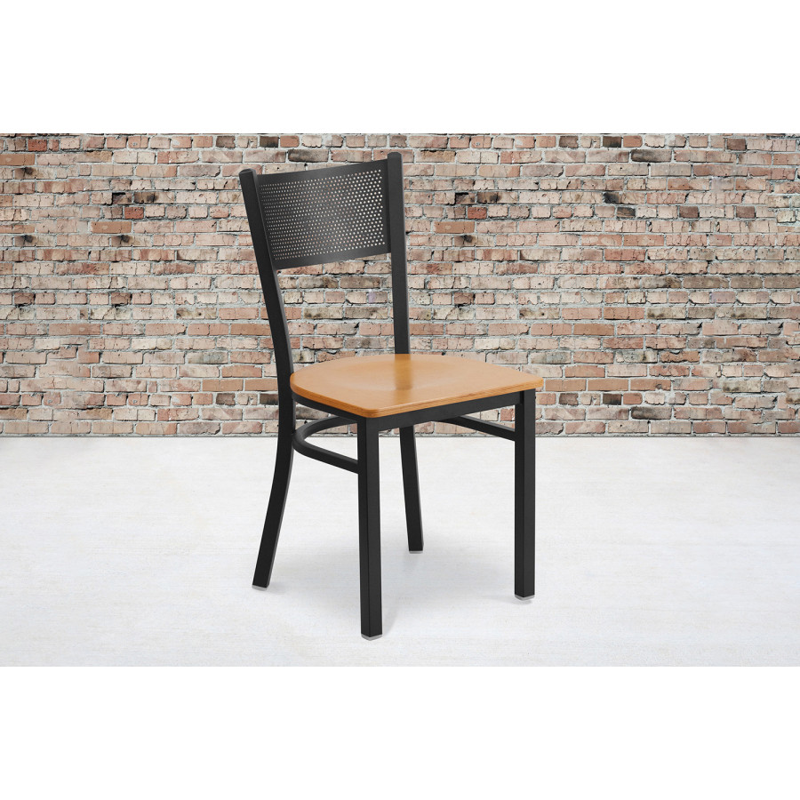 BLNK HERCULES Series Black Metal Grid Back Restaurant Chair with Wood Seat - Natural