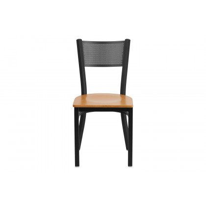 BLNK HERCULES Series Black Metal Grid Back Restaurant Chair with Wood Seat - Natural