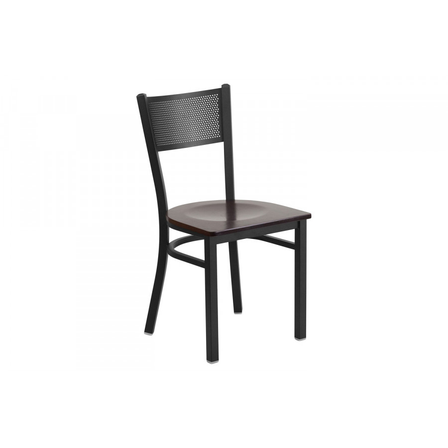 BLNK HERCULES Series Black Metal Grid Back Restaurant Chair with Wood Seat - Walnut