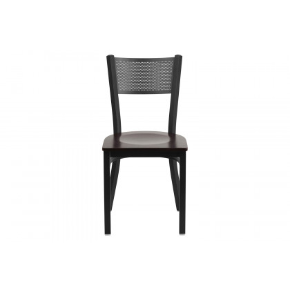 BLNK HERCULES Series Black Metal Grid Back Restaurant Chair with Wood Seat - Walnut