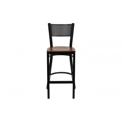 BLNK HERCULES Series Black Metal Grid Back Restaurant Bar Stool with Wood Seat - Cherry