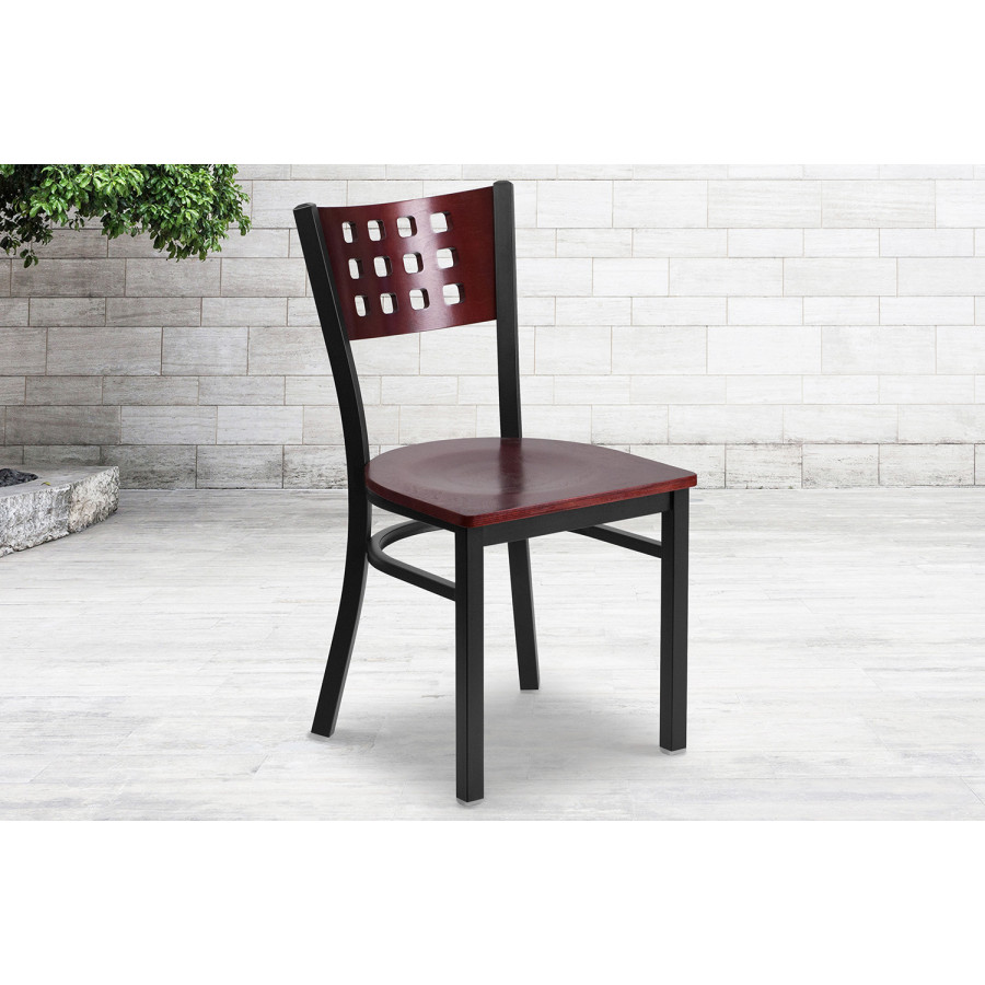 BLNK - HERCULES Series Black Metal Cutout Back Restaurant Chair with Mahogany Wood Back and Seat