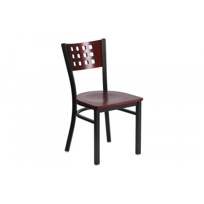 BLNK - HERCULES Series Black Metal Cutout Back Restaurant Chair with Mahogany Wood Back and Seat