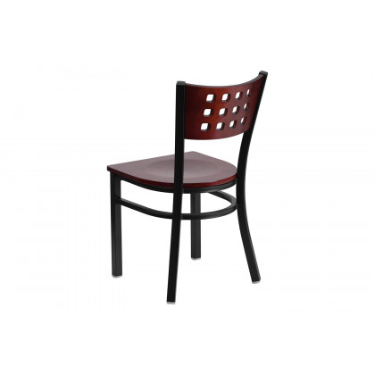 BLNK - HERCULES Series Black Metal Cutout Back Restaurant Chair with Mahogany Wood Back and Seat