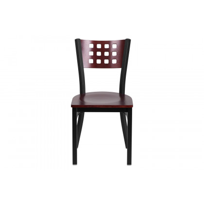 BLNK - HERCULES Series Black Metal Cutout Back Restaurant Chair with Mahogany Wood Back and Seat