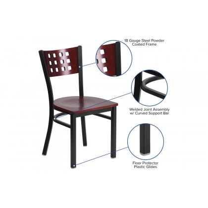 BLNK - HERCULES Series Black Metal Cutout Back Restaurant Chair with Mahogany Wood Back and Seat