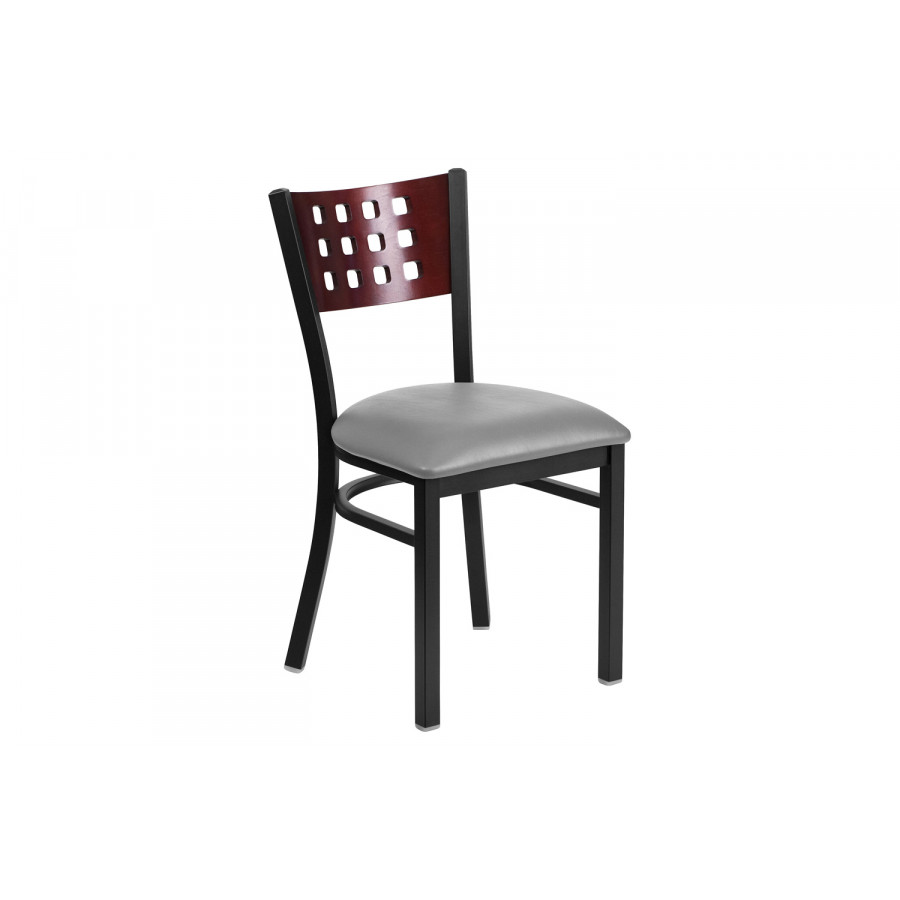 BLNK - HERCULES Series Black Metal Cutout Back Restaurant Chair with Wood Back and Custom Upholstered Seat