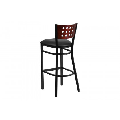 BLNK HERCULES Series Black Metal Cutout Back Restaurant Bar Stool with Mahogany Wood Back and Vinyl Seat - Black