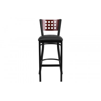 BLNK HERCULES Series Black Metal Cutout Back Restaurant Bar Stool with Mahogany Wood Back and Vinyl Seat - Black