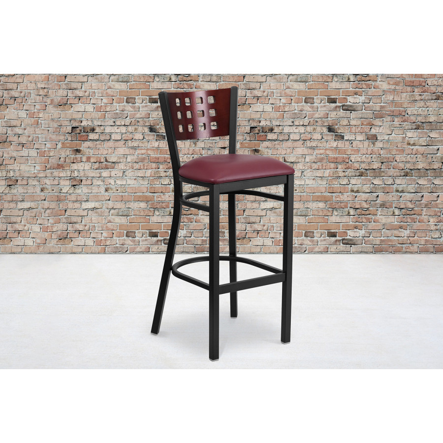 BLNK HERCULES Series Black Metal Cutout Back Restaurant Bar Stool with Mahogany Wood Back and Vinyl Seat - Burgundy