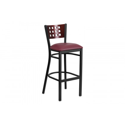 BLNK HERCULES Series Black Metal Cutout Back Restaurant Bar Stool with Mahogany Wood Back and Vinyl Seat - Burgundy