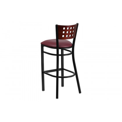 BLNK HERCULES Series Black Metal Cutout Back Restaurant Bar Stool with Mahogany Wood Back and Vinyl Seat - Burgundy