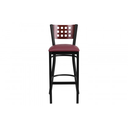 BLNK HERCULES Series Black Metal Cutout Back Restaurant Bar Stool with Mahogany Wood Back and Vinyl Seat - Burgundy