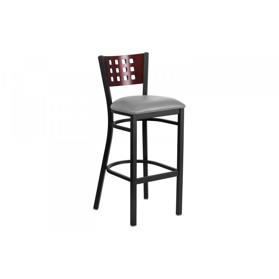 BLNK - HERCULES Series Black Metal Cutout Back Restaurant Bar Stool with Mahogany Wood Back and Custom Upholstered Seat