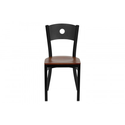 BLNK HERCULES Series Black Metal Circle Back Restaurant Chair with Wood Seat - Cherry