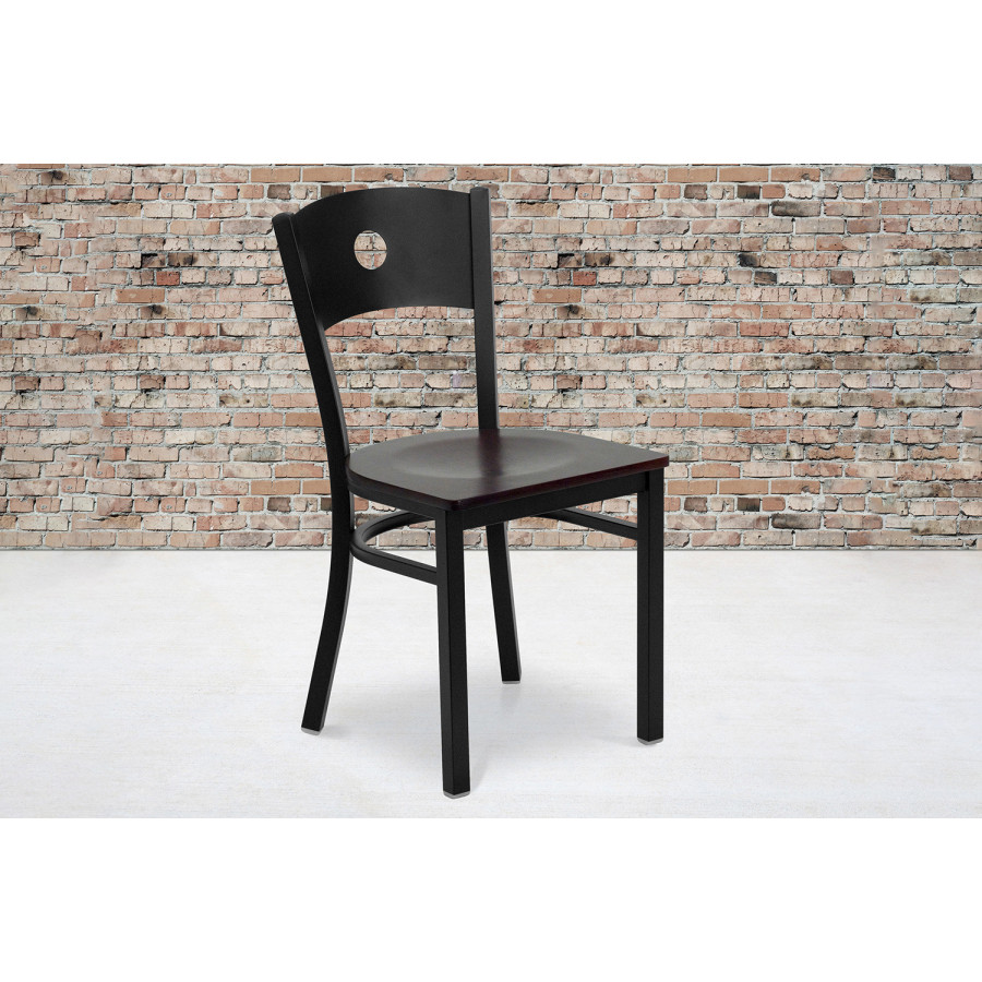 BLNK HERCULES Series Black Metal Circle Back Restaurant Chair with Wood Seat - Mahogany