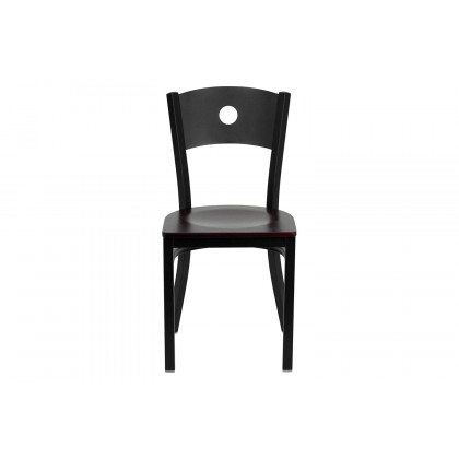 BLNK HERCULES Series Black Metal Circle Back Restaurant Chair with Wood Seat - Mahogany