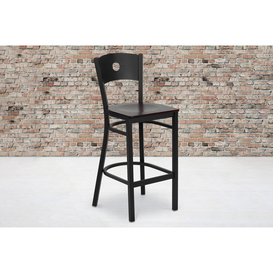 BLNK - HERCULES Series Black Metal Circle Back Restaurant Bar Stool with Wood Seat