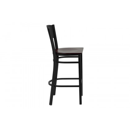BLNK HERCULES Series Black Metal Circle Back Restaurant Bar Stool with Wood Seat - Mahogany