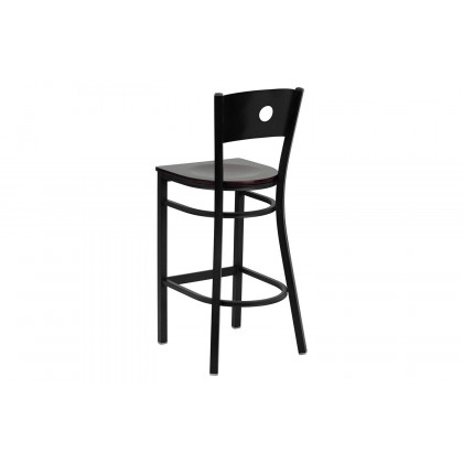 BLNK HERCULES Series Black Metal Circle Back Restaurant Bar Stool with Wood Seat - Mahogany