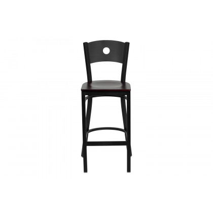 BLNK HERCULES Series Black Metal Circle Back Restaurant Bar Stool with Wood Seat - Mahogany