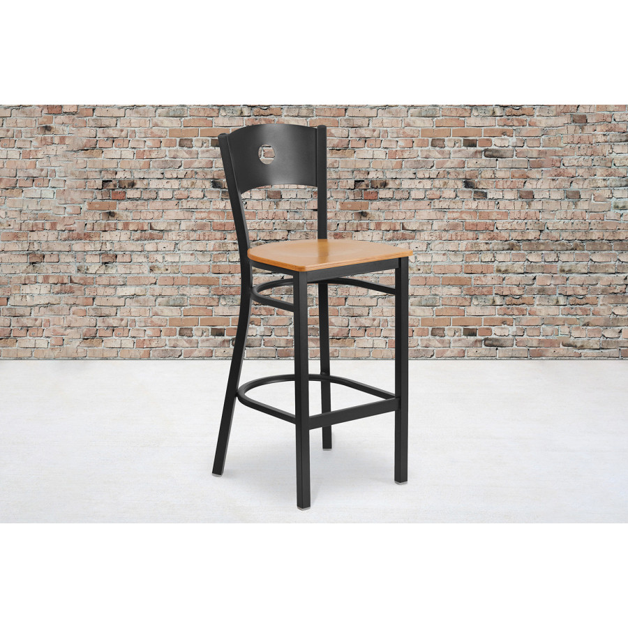 BLNK HERCULES Series Black Metal Circle Back Restaurant Bar Stool with Wood Seat - Natural