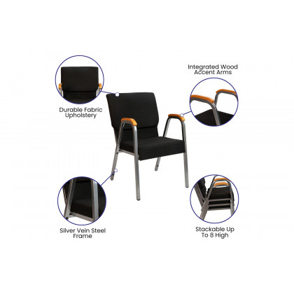 BLNK HERCULES Series Fabric Stacking Wood Accent Arm Church Chair with Silver Vein Frame - Black