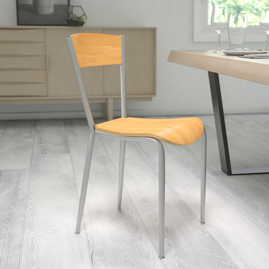 BLNK - Invincible Series Silver Metal Restaurant Chair with Natural Wood Back and Seat