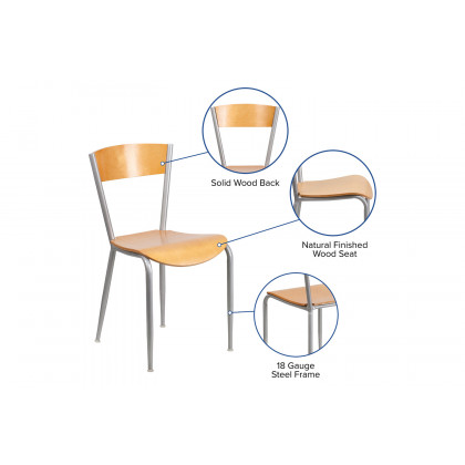 BLNK - Invincible Series Silver Metal Restaurant Chair with Natural Wood Back and Seat