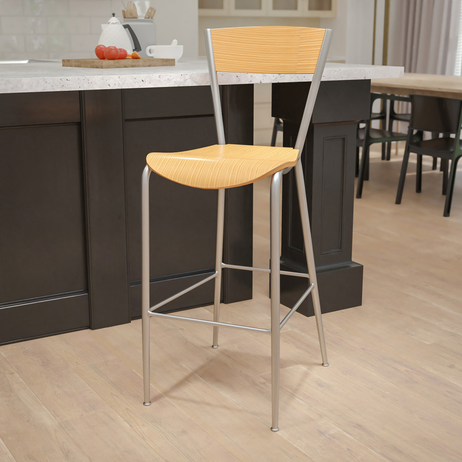 BLNK - Invincible Series Silver Restaurant Bar Stool with Natural Wood Back and Seat