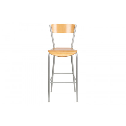 BLNK - Invincible Series Silver Restaurant Bar Stool with Natural Wood Back and Seat