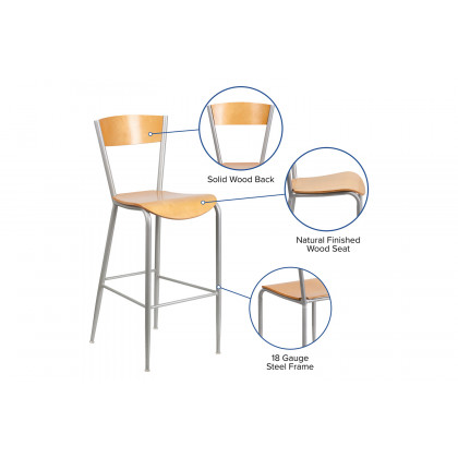 BLNK - Invincible Series Silver Restaurant Bar Stool with Natural Wood Back and Seat